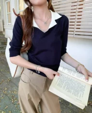 假兩件Polo拼接學院風上衣 - Image 6