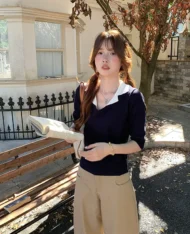 假兩件Polo拼接學院風上衣 - Image 5