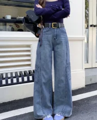 工裝深刷色牛仔寬褲 - Image 4