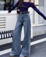 工裝深刷色牛仔寬褲 - Image 5