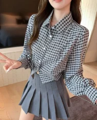 收腰設計感格紋襯衫 - Image 4