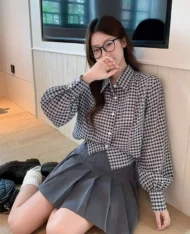 收腰設計感格紋襯衫 - Image 5