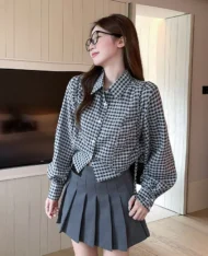 收腰設計感格紋襯衫 - Image 3