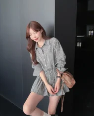 披肩連帽+格紋連身裙+附送腰帶 三件套Set - Image 4