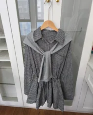 披肩連帽+格紋連身裙+附送腰帶 三件套Set - Image 11