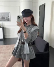 披肩連帽+格紋連身裙+附送腰帶 三件套Set - Image 3