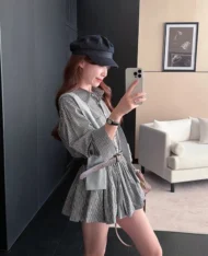 披肩連帽+格紋連身裙+附送腰帶 三件套Set - Image 2