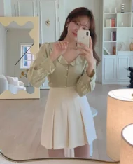 奶杏高腰百褶裙 - Image 5