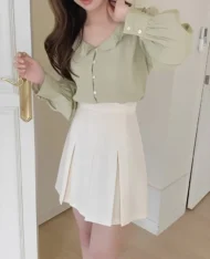 奶杏高腰百褶裙