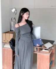 斜肩上衣+鬆緊腰長裙兩件式套裝Set - Image 6