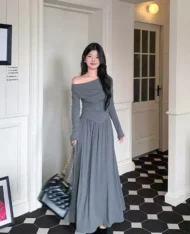 斜肩上衣+鬆緊腰長裙兩件式套裝Set