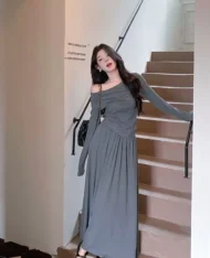 斜肩上衣+鬆緊腰長裙兩件式套裝Set - Image 4