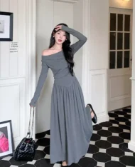 斜肩上衣+鬆緊腰長裙兩件式套裝Set - Image 2