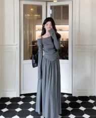 斜肩上衣+鬆緊腰長裙兩件式套裝Set - Image 7