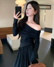 斜肩上衣+鬆緊腰長裙兩件式套裝Set - Image 9