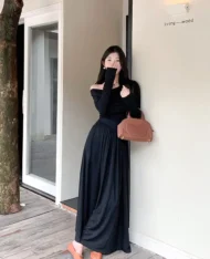 斜肩上衣+鬆緊腰長裙兩件式套裝Set - Image 11