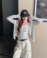 撞色條紋背心+外套兩件套Set - Image 2