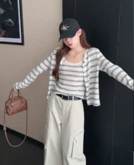 撞色條紋背心+外套兩件套Set - Image 4