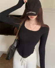 素色直條紋圓弧上衣 - Image 2