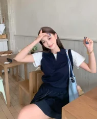 學院風假兩件拼色上衣 - Image 5