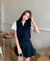 學院風假兩件拼色上衣 - Image 2