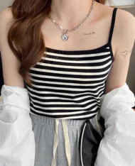 夏日清爽細肩帶條紋拼色背心 - Image 3