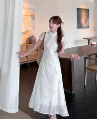 精緻緹花中式感連身裙 - Image 3