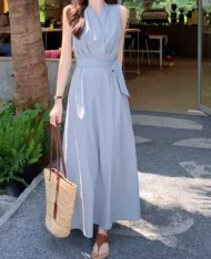 高雅V領側繫帶長連身裙 - Image 6