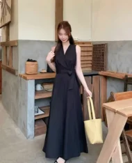 高雅V領側繫帶長連身裙 - Image 10