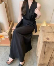 高雅V領側繫帶長連身裙 - Image 14