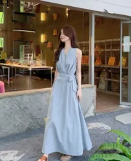 高雅V領側繫帶長連身裙 - Image 5