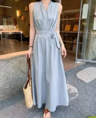高雅V領側繫帶長連身裙 - Image 2