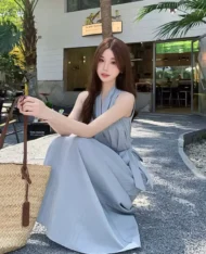 高雅V領側繫帶長連身裙 - Image 3