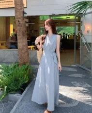 高雅V領側繫帶長連身裙