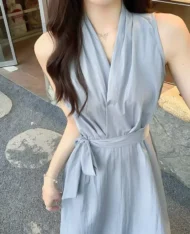 高雅V領側繫帶長連身裙 - Image 7