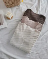 休閒慵懶V領排扣上衣 - Image 4