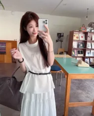 附贈腰帶！上衣+半長裙三件套裝Set - Image 3