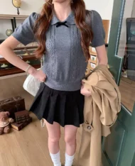 校園麻花蝴蝶結針織上衣 - Image 3