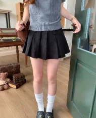 燈芯絨百褶迷你裙 (黑) - Image 3