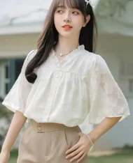 [預購補貨中] 中式荷葉V領緹花上衣 - Image 3