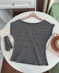 斜露肩側綁帶條紋上衣 - Image 14