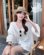 度假風寬袖蕾絲花邊上衣