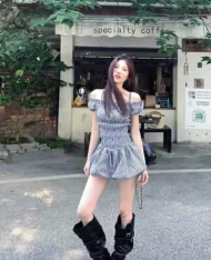 一字領格紋連體短褲 - Image 7