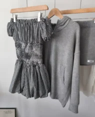 一字領格紋連體短褲 - Image 14