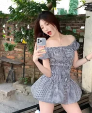 一字領格紋連體短褲 - Image 12