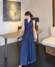 繫帶上衣+寬長褲兩件套Set - Image 2