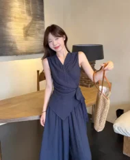 繫帶上衣+寬長褲兩件套Set