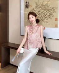 氣質粉中式暈染花紋上衣 - Image 5