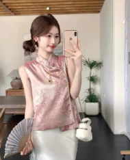 氣質粉中式暈染花紋上衣 - Image 2