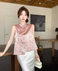 氣質粉中式暈染花紋上衣